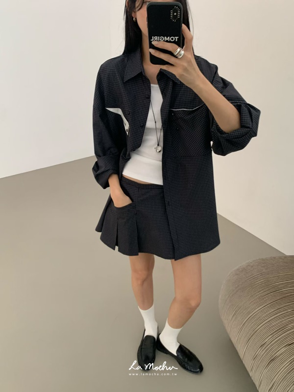 斜口袋小格子短褲裙